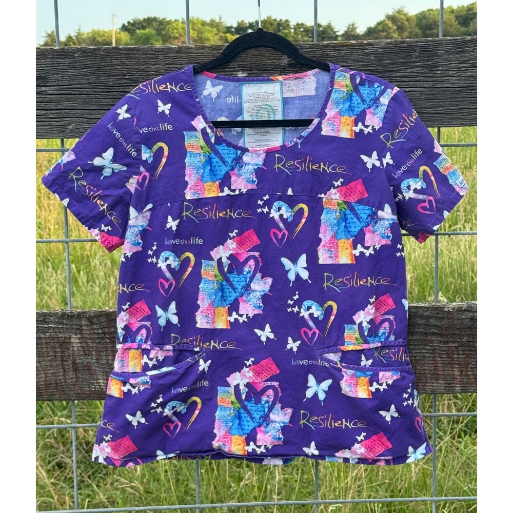 LovethisLife Resilience Purple Butterfly Heart Print Scrub Top V-Neck Pockets